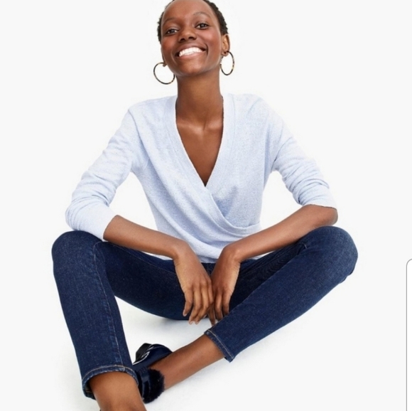 J Crew Faux Wrap Blue Top Textured Crepe Cotton - Picture 2 of 10